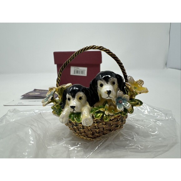 Bridgman Treasures Pewter Puppies in Flower Basket Trinket Box & Necklace Dogs - Picture 6 of 14